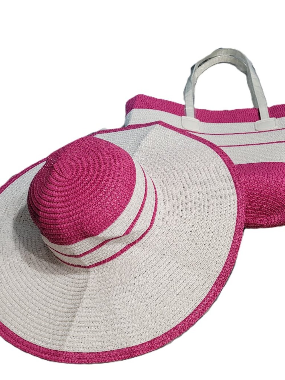 P3036-NWOT Woven Raspberry & White Adjustable Hat and Matching Lined Bag